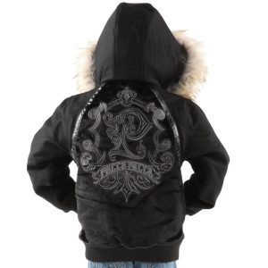 Black Pelle Pelle Kids Studded Fur Hooded Wool Jacket