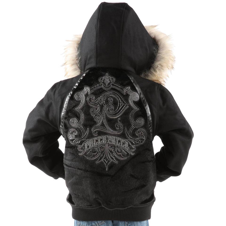 Black Pelle Pelle Kids Studded Fur Hooded Wool Jacket
