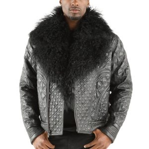Black Pelle Pelle Men Quilted Fur Collar Biker Leather Jacket