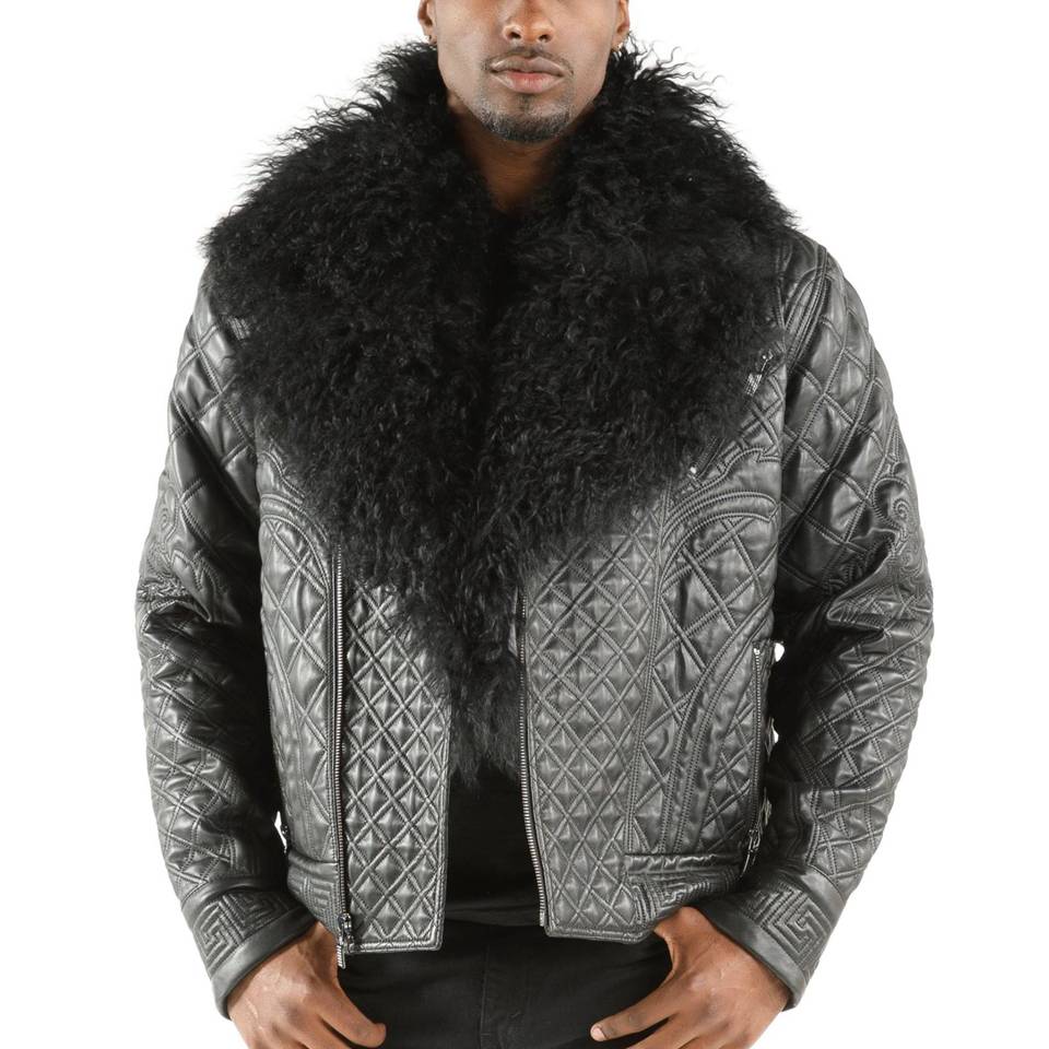 Black Pelle Pelle Men Quilted Fur Collar Biker Leather Jacket