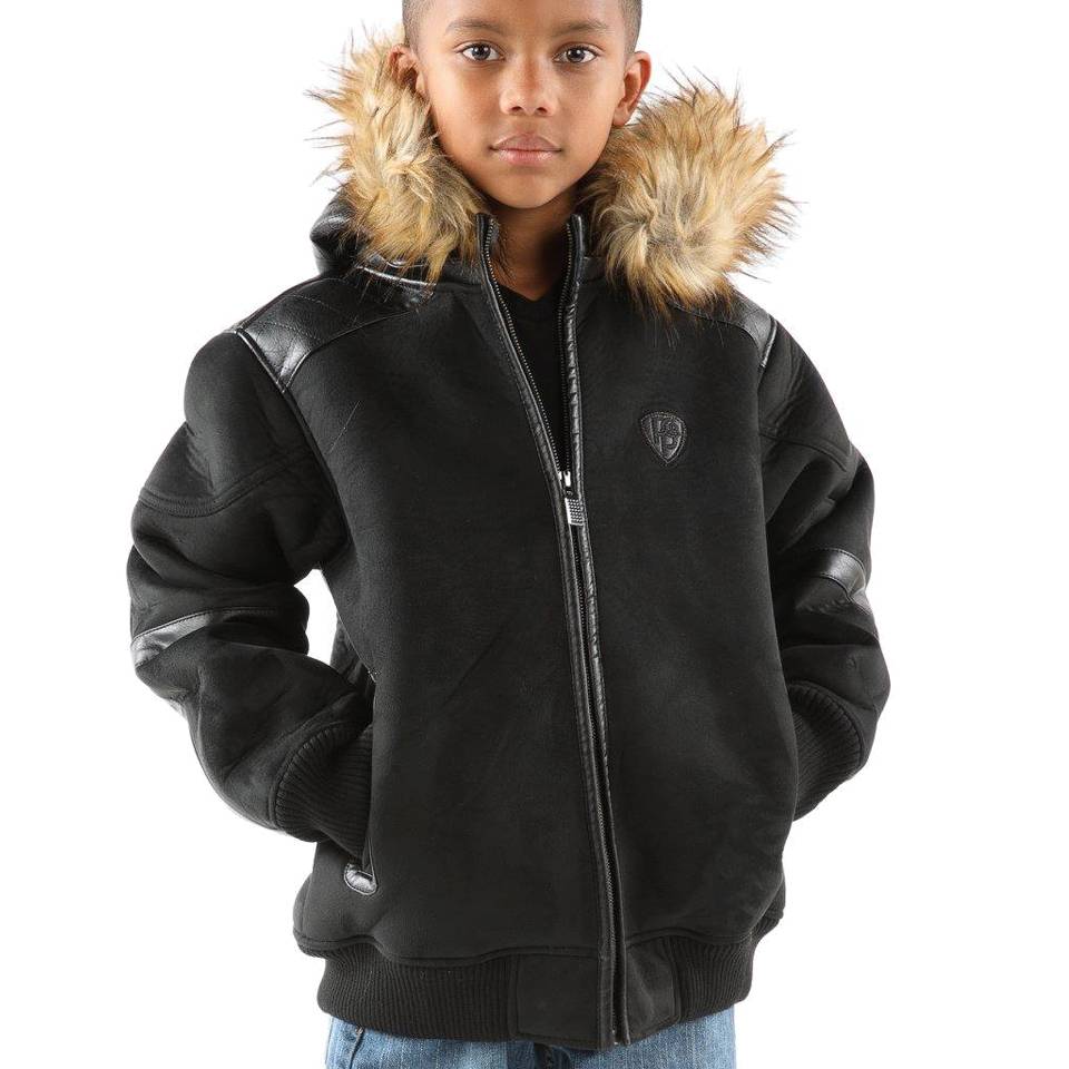 Black Pelle Pelle Wings Fur Hood Kids Jacket