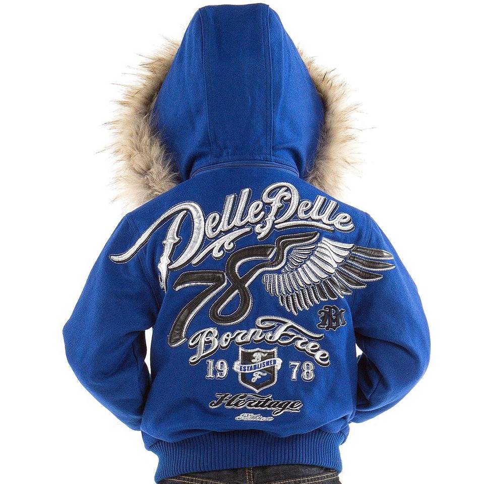 Boys Pelle Pelle Born Free 1978 Blue Fur Hooded Wool Jacket