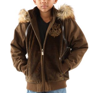 Brown Pelle Pelle Kids Studded Fur Hood Jacket