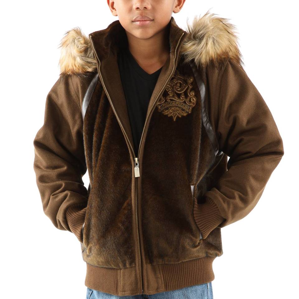 Brown Pelle Pelle Kids Studded Fur Hood Jacket