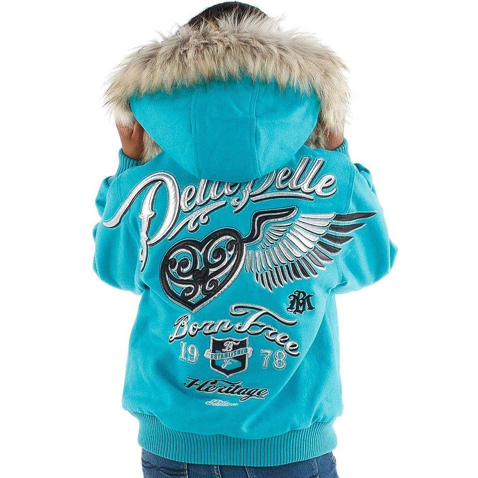 Girls Pelle Pelle Born Free 1978 Turquoise Fur Hood Wool Jacket