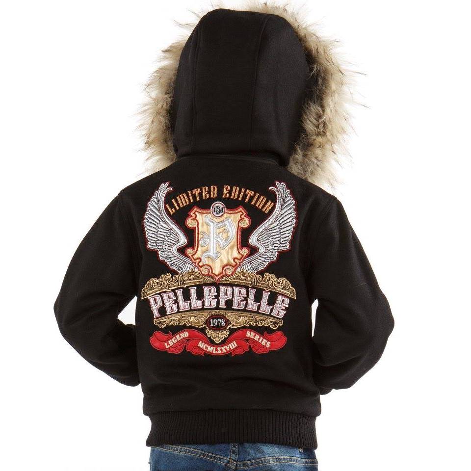 Kids Pelle Pelle Limited Edition MB 1978 Black Fur Hood Wool Jacket