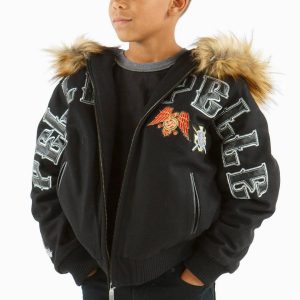 Kids Pelle Pelle MB Decorated Patches Fur Hood Black Jacket