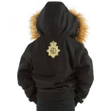 Kids Pelle Pelle MB Decorated Patches Fur Hood Black Wool Jacket