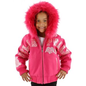 Kids Pelle Pelle MB Decorated Patches Fur Hood Pink Jacket