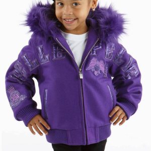 Kids Pelle Pelle MB Decorated Patches Fur Hood Purple Jacket