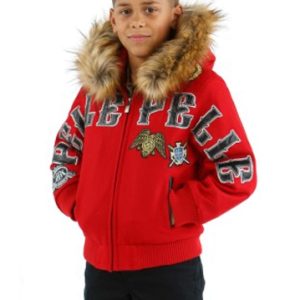 Kids Pelle Pelle MB Decorated Patches Fur Hood Red Jacket