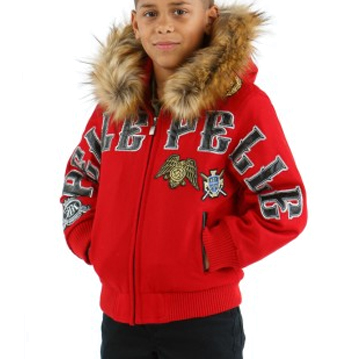 Kids Pelle Pelle MB Decorated Patches Fur Hood Red Jacket