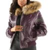 Ladies Pelle Pelle Airborne Purple Fur Hood Leather Jacket
