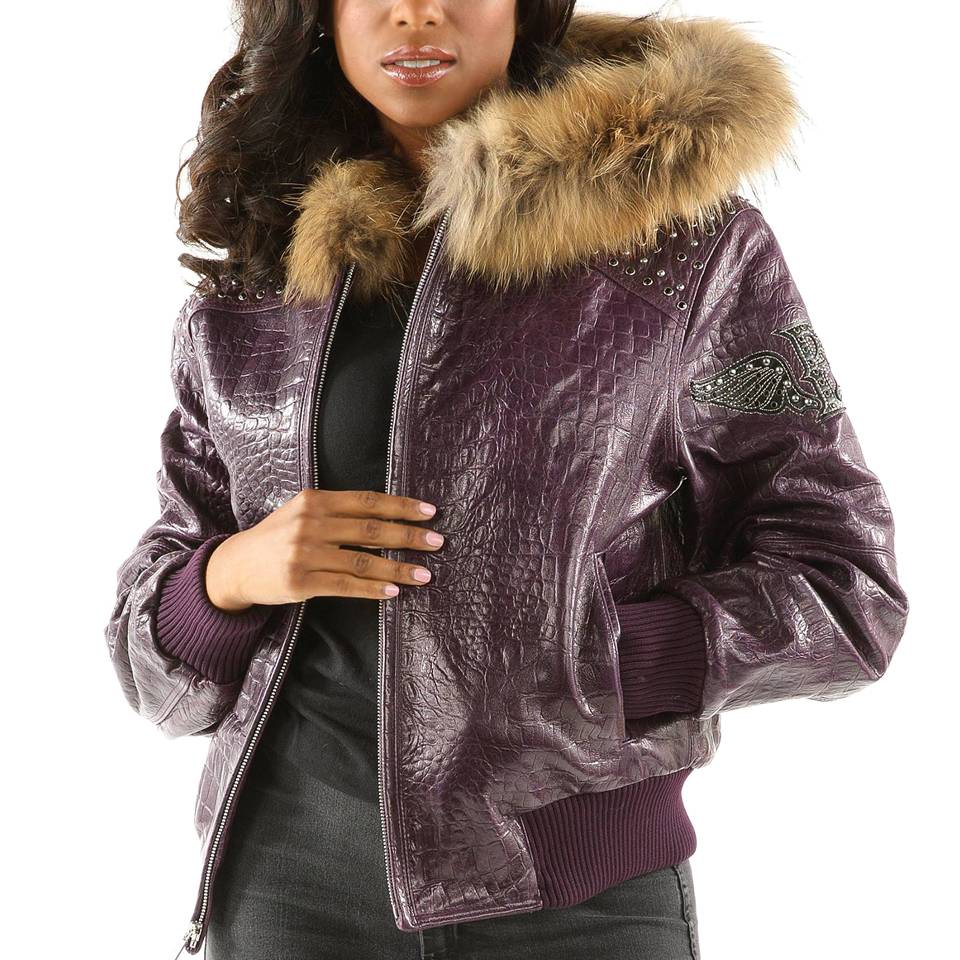 Ladies Pelle Pelle Airborne Purple Fur Hood Leather Jacket