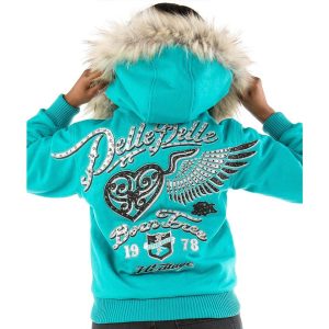 Ladies Pelle Pelle Born Free 1978 Turquoise Fur Hood Wool Jacket