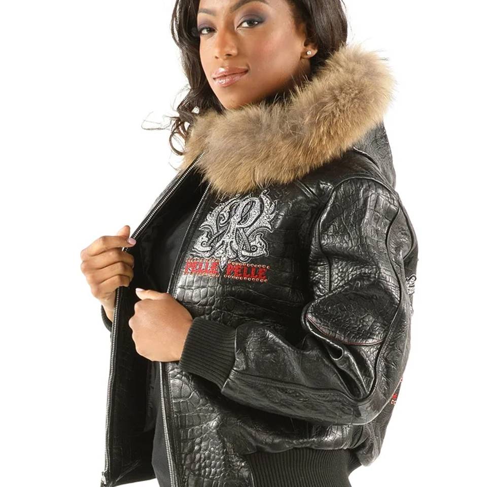 Ladies Pelle Pelle Forever Fearless Fur Hood Black Jacket