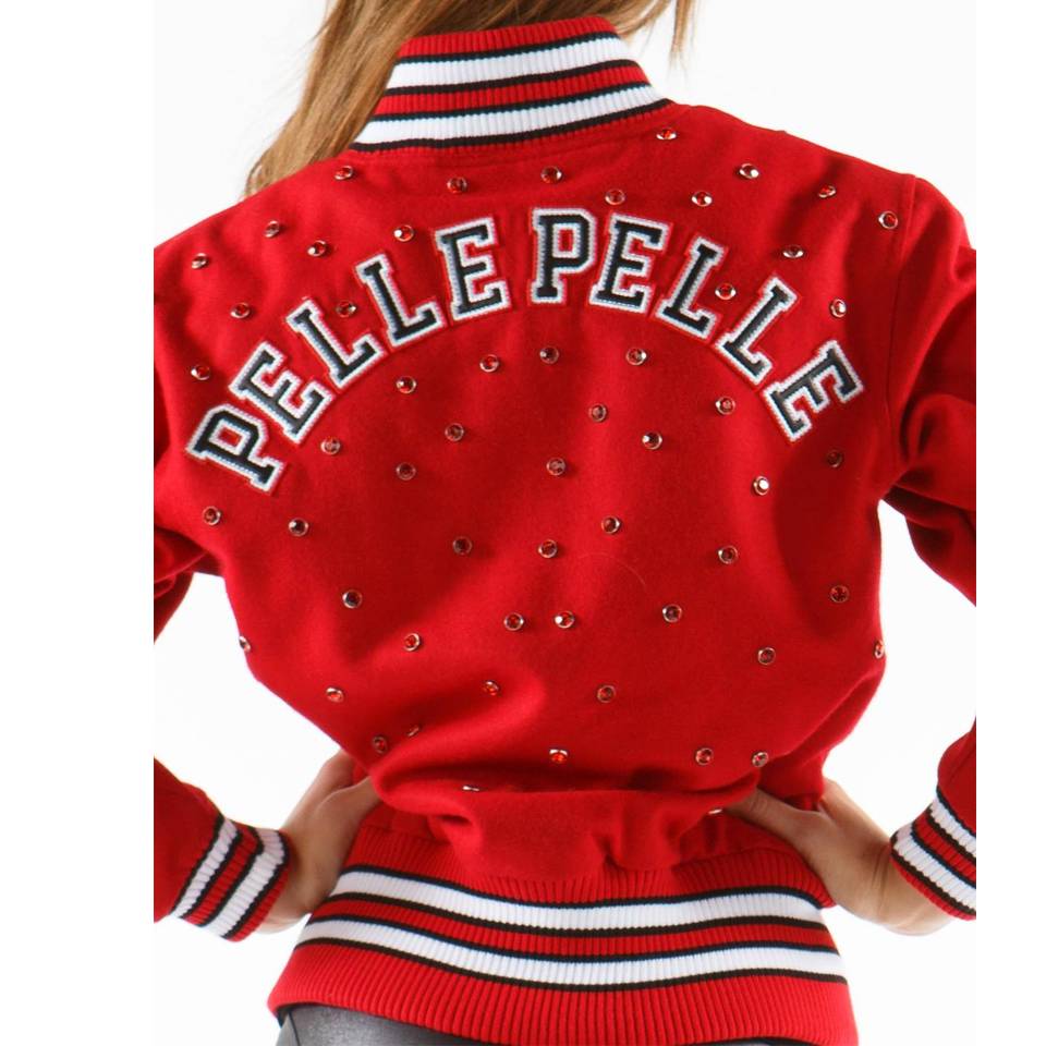 Ladies Pelle Pelle Studded Varsity Red Wool Jacket