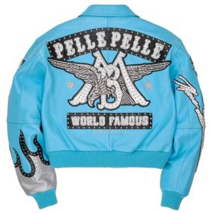 Ladies World Famous Pelle Pelle Studded Blue Crop Leather Jacket