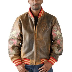 Men Pelle Pelle Asian Dragon Heart Brown Varsity Jacket