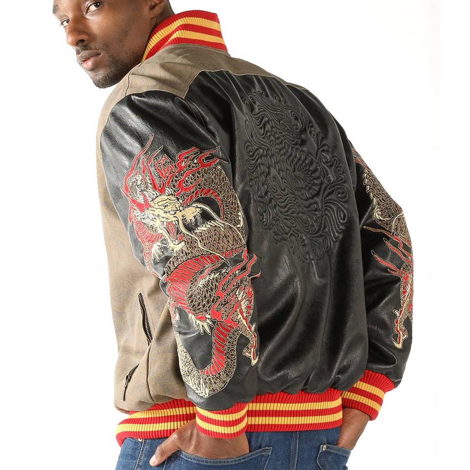 Men Pelle Pelle Asian Dragon Heart Brown Varsity Leather Jacket