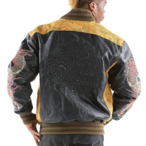 Men Pelle Pelle Asian Dragon Heart Yellow Varsity Bomber Leather Jacket