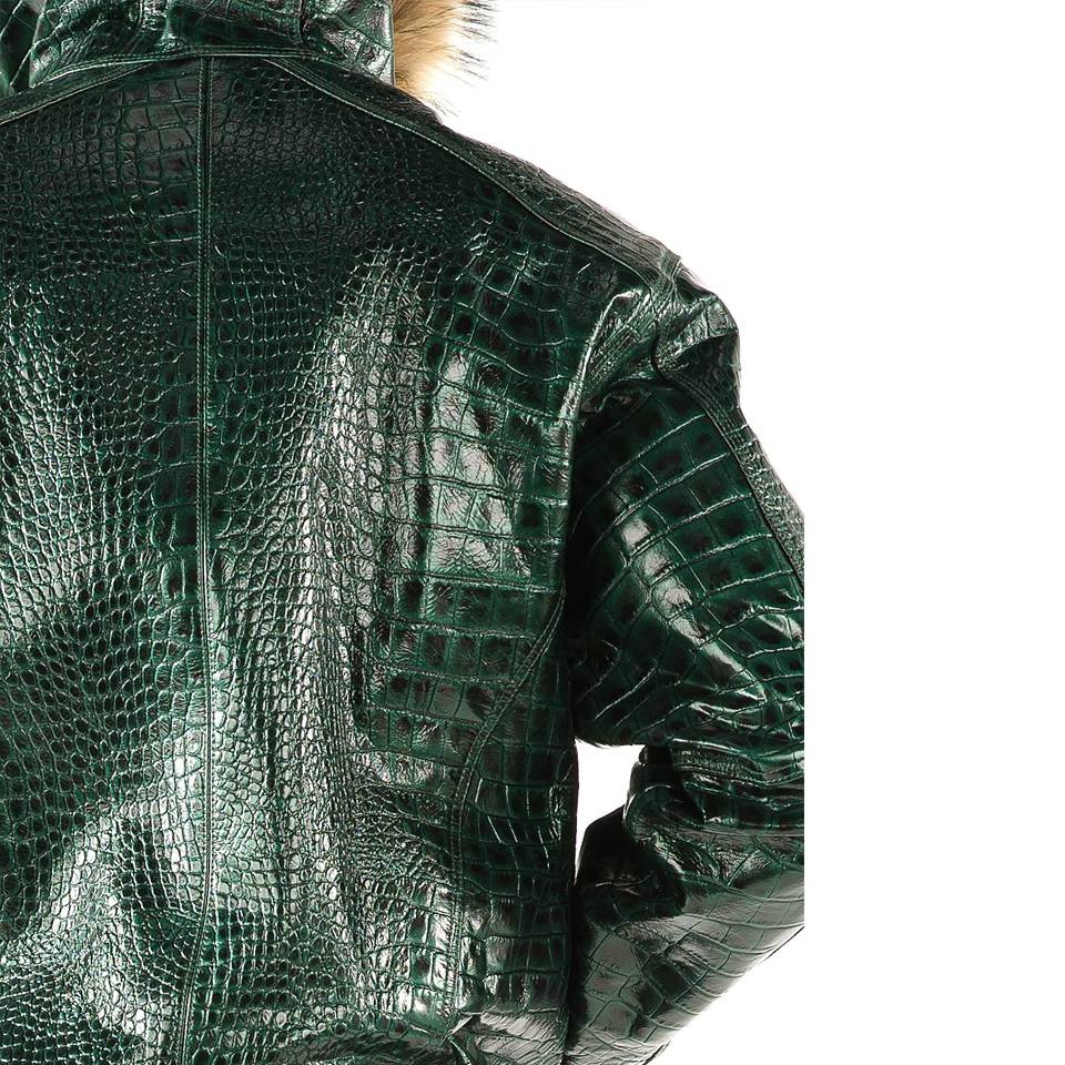 Men Pelle Pelle Basic Nile Green Two-Tone Cayman Fur Hood Leather Jacket