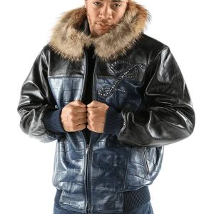 Men Pelle Pelle Blue Fur Hood Jacket