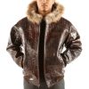 Men Pelle Pelle Crocodile Skin Brown Fur Hood Jacket