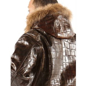 Men Pelle Pelle Crocodile Skin Brown Fur Hood Leather Jacket