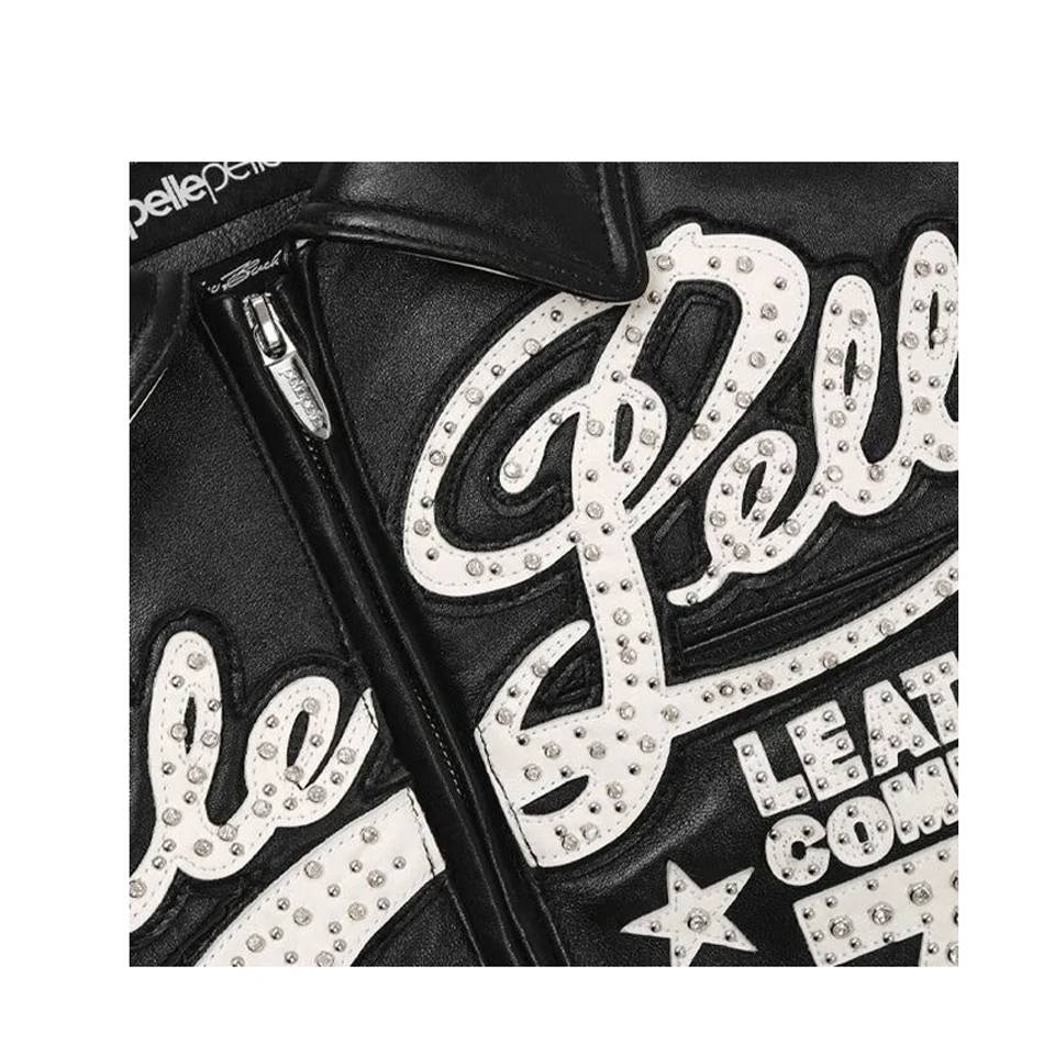 Men Pelle Pelle Encrusted Black Blue Varsity Leather Jacket