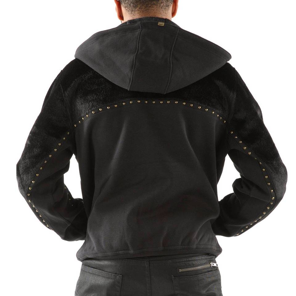 Men Pelle Pelle Ornate P Pony Black Fur Wool Hoodie