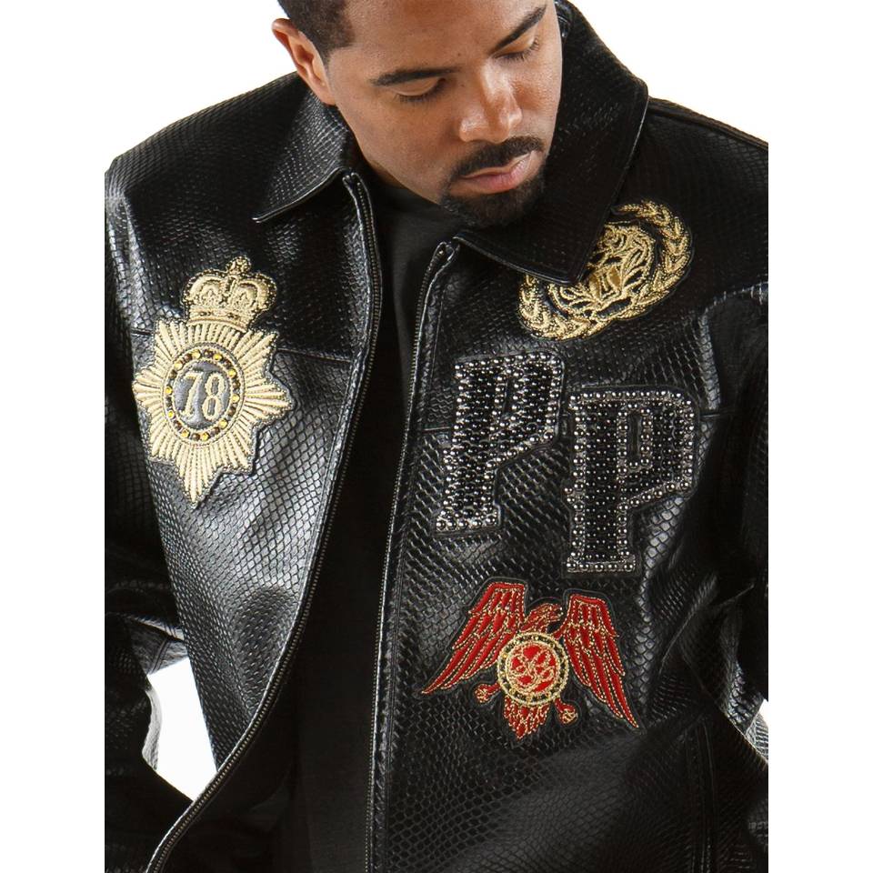 Men Pelle Pelle Python Decorated Black Leather Jacket