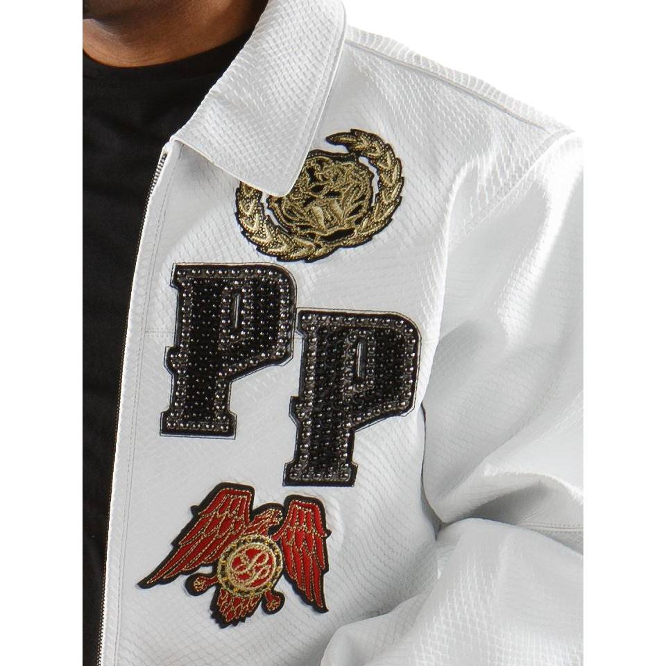 Men Pelle Pelle Python Decorated White Leather Jacket