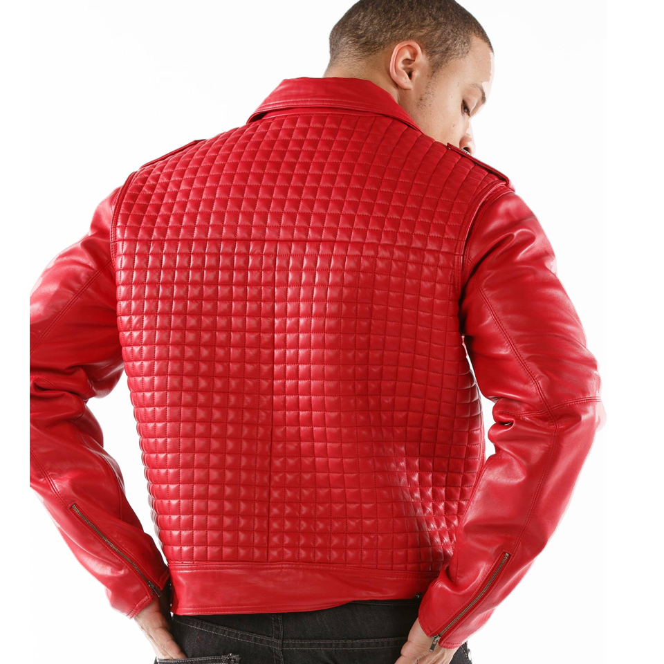 Men Pelle Pelle Red Houndstooth Biker Genuine Leather Jacket