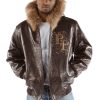Men Pelle Pelle Shoulder Crest Dark Brown Fur Hood Jacket