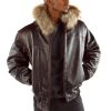 Men Pelle Pelle Studded Script Fur Hood Maroon Phantom Leather Jacket