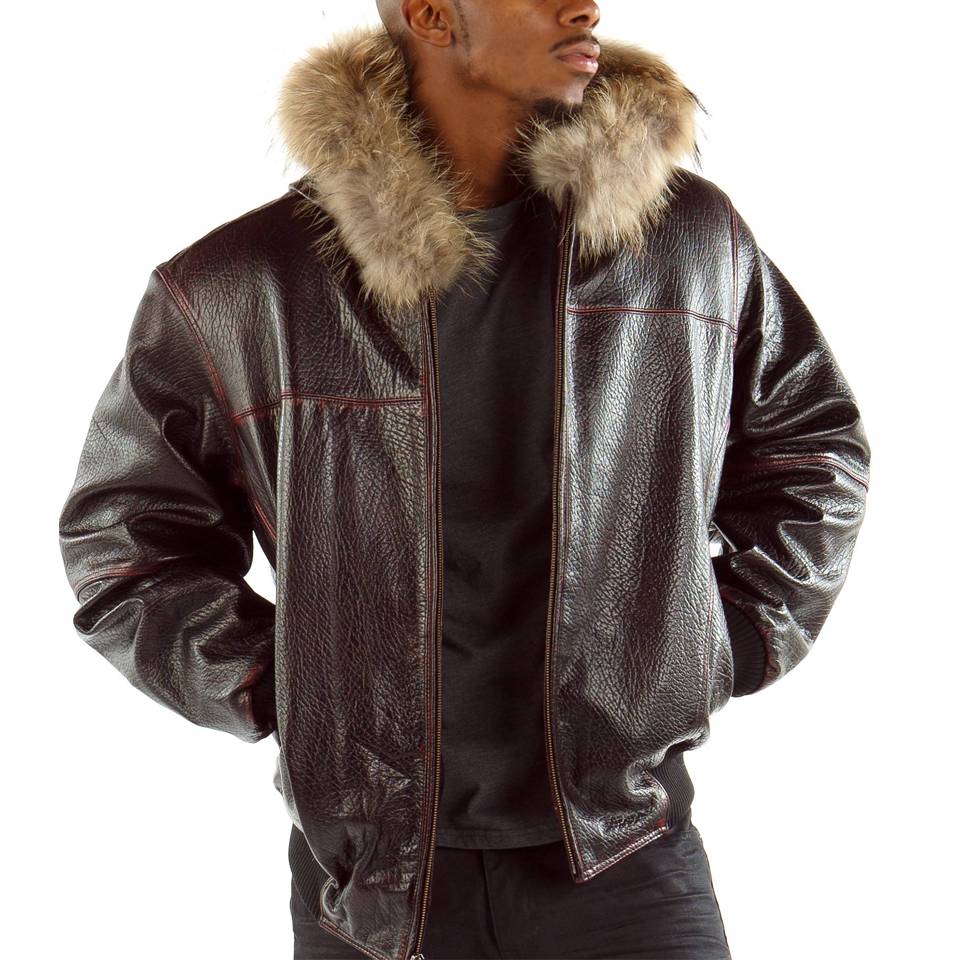 Men Pelle Pelle Studded Script Fur Hood Maroon Phantom Leather Jacket