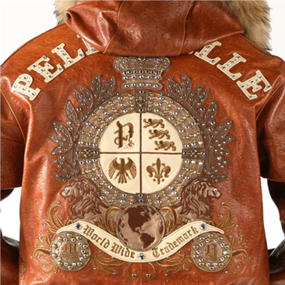 Men Pelle Pelle World Wide Crest Brown Fur Hood Genuine Leather Jacket