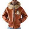 Men Pelle Pelle World Wide Crest Brown Fur Hood Leather Jacket