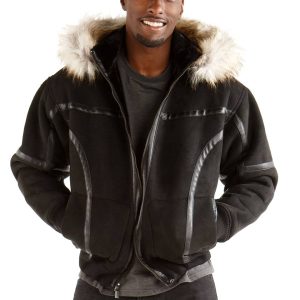 Men Pelle Pelle Yoke Shearling Black Fur Hood Jacket