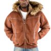 Men Pelle Pelle Yoke Shearling Brown Fur Hood Jacket