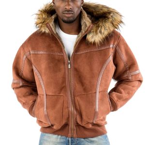 Men Pelle Pelle Yoke Shearling Brown Fur Hood Jacket