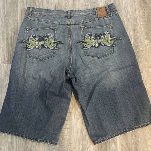 Men Vintage Pelle Pelle Hip Hop Studded Embroidered Jean Shorts