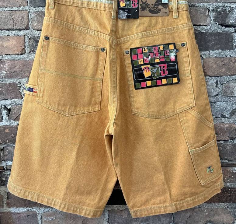 Men Vintage Pelle Pelle Marc Buchanan Yellow Zip Pockets Denim Shorts
