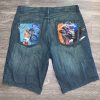 Men Vintage Pelle Pelle Skull Embroidered Denim Shorts