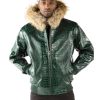 Men's Pelle Pelle Basic Nile Dark Green Two-Tone Cayman Fur Hood Leather Jacket