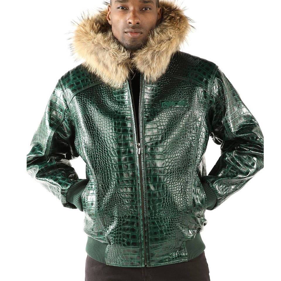 Men's Pelle Pelle Basic Nile Dark Green Two-Tone Cayman Fur Hood Leather Jacket