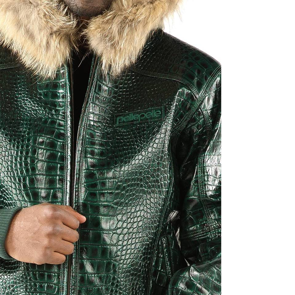 Men's Pelle Pelle Basic Nile Green Two-Tone Cayman Fur Hood Leather Jacket