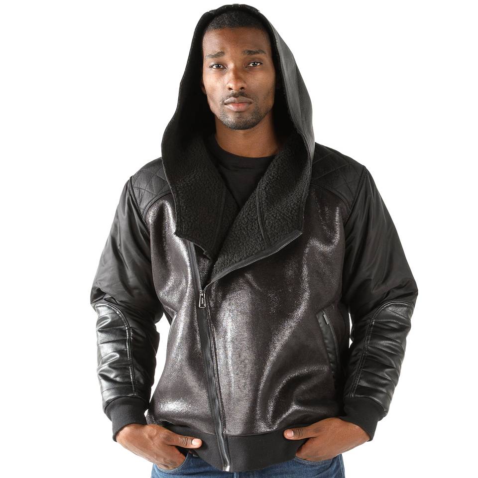 Men's Pelle Pelle Fur Lined Asymetrical Black Genuine Leather Hoodie