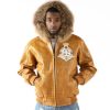 Men's Pelle Pelle World Wide Crest Mustard Fur Hood Leather Jacket